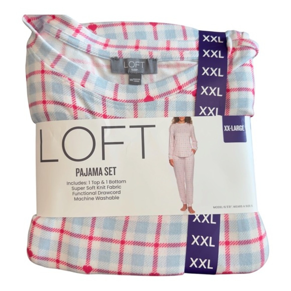 LOFT Sleep Womens XXL Pajama Set Blue Pink Plaid Heart Print 2pc Super Soft Knit